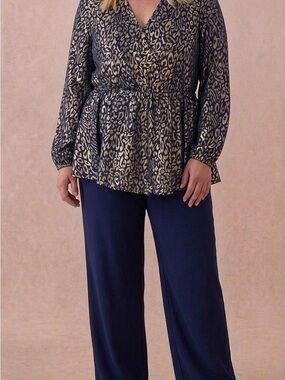 BloomChic Navy and Gold Animal Print Peplum Blouse
